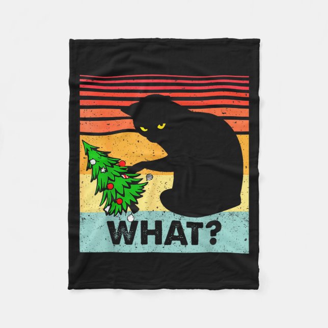 Funny Black Cat Gift Pushing Christmas Tree Over C Fleece Blanket (Front)