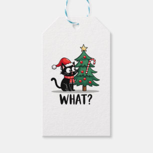 Funny Black Cat Gift Pushing Christmas Tree Over C Gift Tags