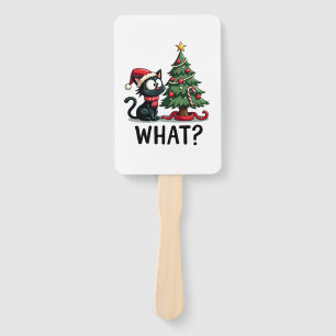 Funny Black Cat Gift Pushing Christmas Tree Over C Hand Fan