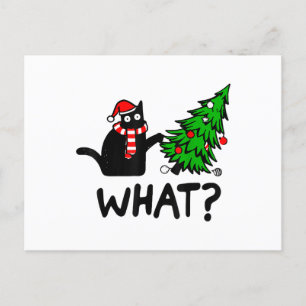 Funny Black Cat Gift Pushing Christmas Tree Over C Holiday Postcard