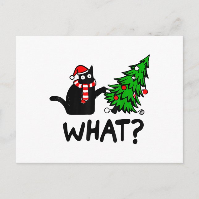 Funny Black Cat Gift Pushing Christmas Tree Over C Holiday Postcard (Front)