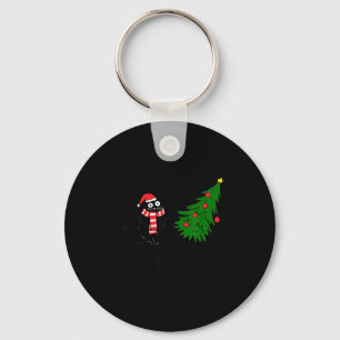 Funny Black Cat Gift Pushing Christmas Tree Over C Key Ring