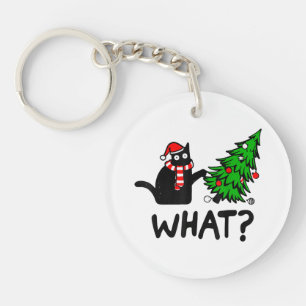 Funny Black Cat Gift Pushing Christmas Tree Over C Key Ring