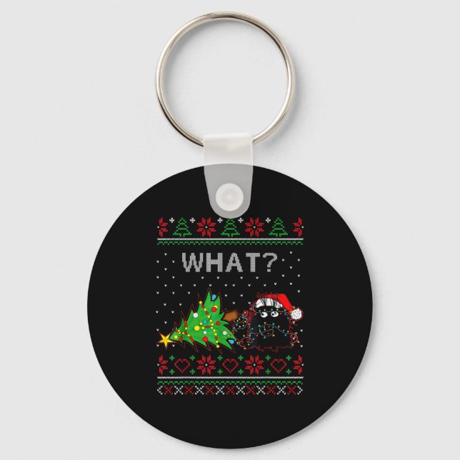 Funny Black Cat Gift Pushing Christmas Tree Over C Key Ring (Front)