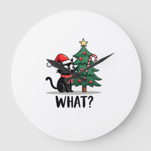 Funny Black Cat Gift Pushing Christmas Tree Over C Large Clock