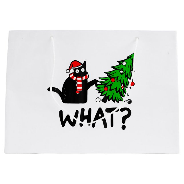 Funny Black Cat Gift Pushing Christmas Tree Over C Large Gift Bag (Front)