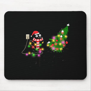 Funny Black Cat Gift Pushing Christmas Tree Over C Mouse Pad