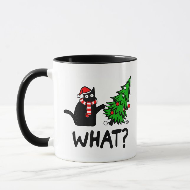 Funny Black Cat Gift Pushing Christmas Tree Over C Mug (Left)
