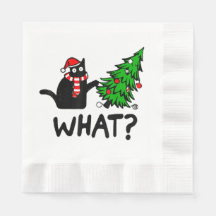 Funny Black Cat Gift Pushing Christmas Tree Over C Napkin