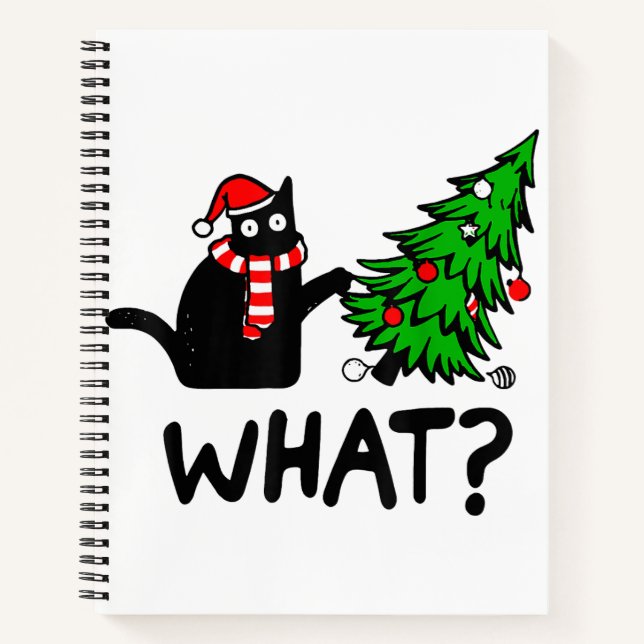 Funny Black Cat Gift Pushing Christmas Tree Over C Notebook (Front)