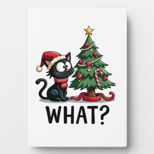 Funny Black Cat Gift Pushing Christmas Tree Over C Plaque