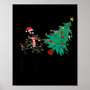 Funny Black Cat Gift Pushing Christmas Tree Over C Poster