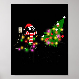Funny Black Cat Gift Pushing Christmas Tree Over C Poster