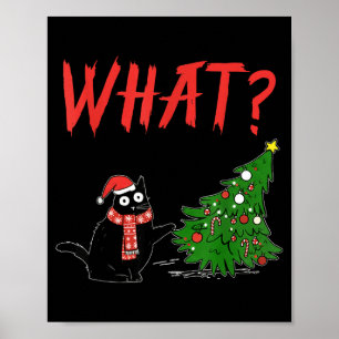 Funny Black Cat Gift Pushing Christmas Tree Over C Poster