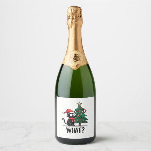 Funny Black Cat Gift Pushing Christmas Tree Over C Sparkling Wine Label