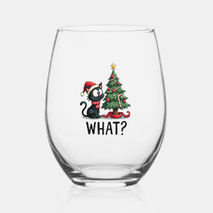 Funny Black Cat Gift Pushing Christmas Tree Over C Stemless Wine Glass