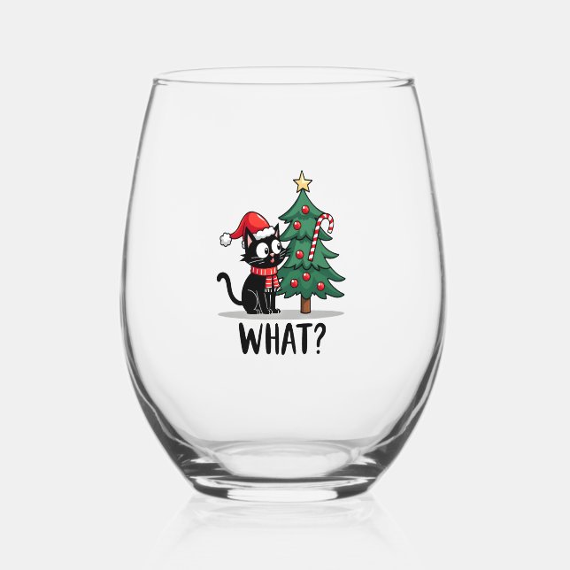 Funny Black Cat Gift Pushing Christmas Tree Over C Stemless Wine Glass (Front)