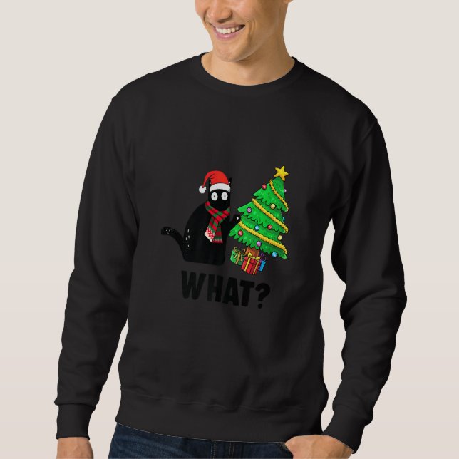 Funny Black Cat Gift Pushing Christmas Tree Over C Sweatshirt (Front)