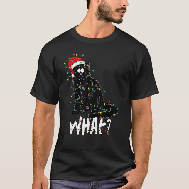 Funny Black Cat Gift Pushing Christmas Tree Over C T-Shirt (Front)