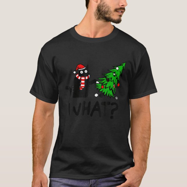 Funny Black Cat Gift Pushing Christmas Tree Over C T-Shirt (Front)