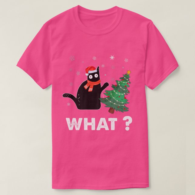 Funny black cat gift pushing Christmas tree over c T-Shirt (Design Front)