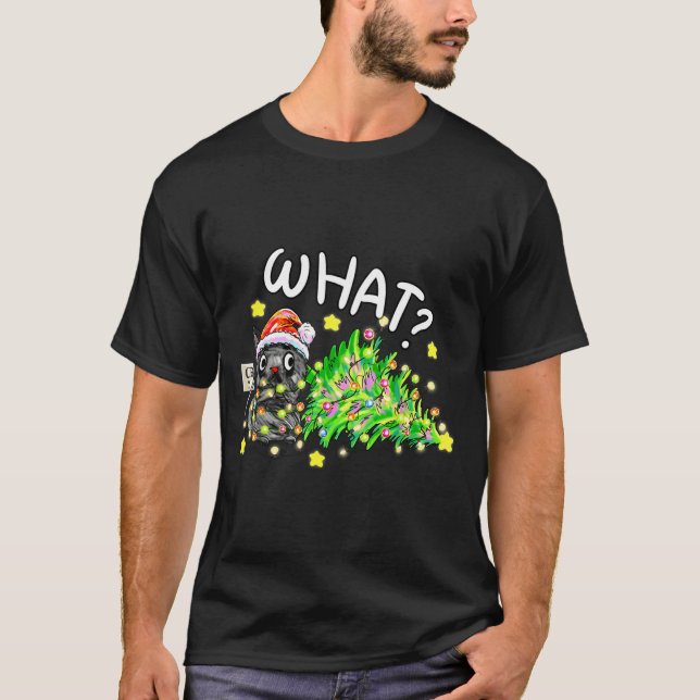 Funny Black Cat Gift Pushing Christmas Tree Over C T-Shirt (Front)