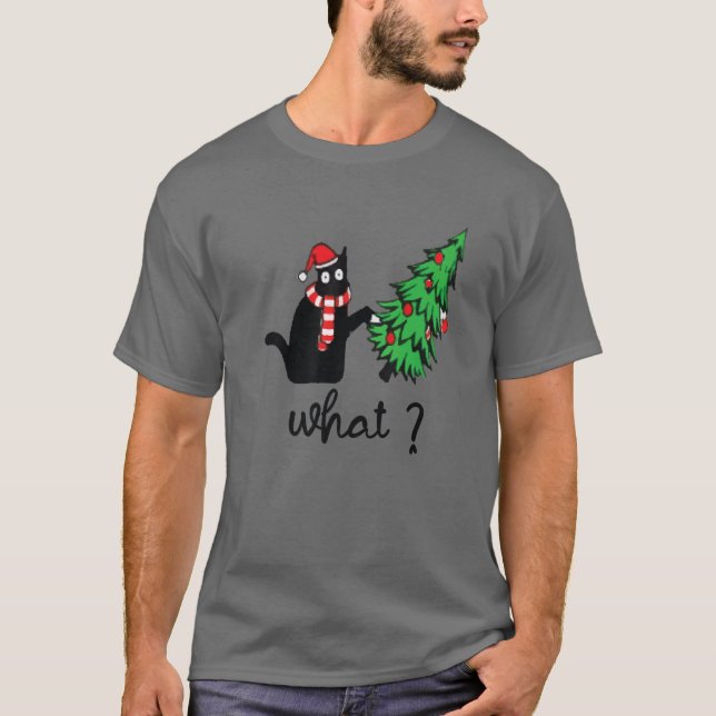 Funny Black Cat Gift Pushing Christmas Tree Over C T-Shirt (Front)