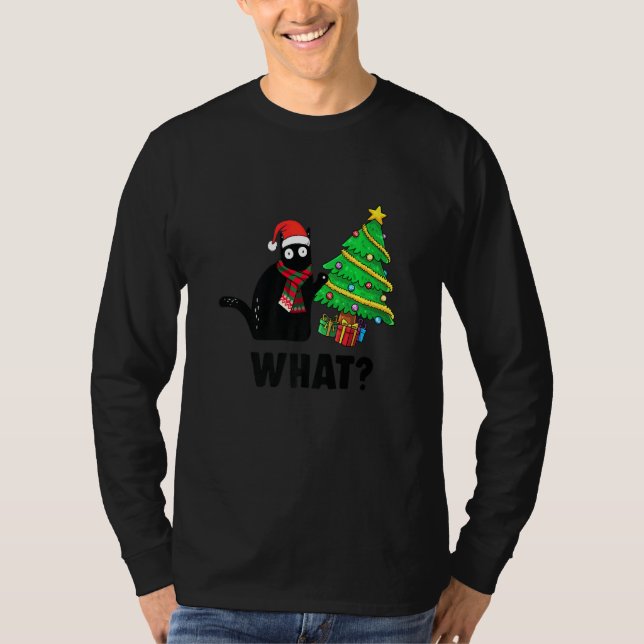 Funny Black Cat Gift Pushing Christmas Tree Over C T-Shirt (Front)
