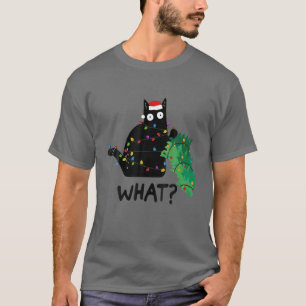 Funny Black Cat Gift Pushing Christmas Tree Over C T-Shirt