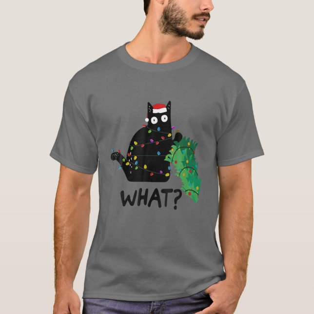 Funny Black Cat Gift Pushing Christmas Tree Over C T-Shirt (Front)
