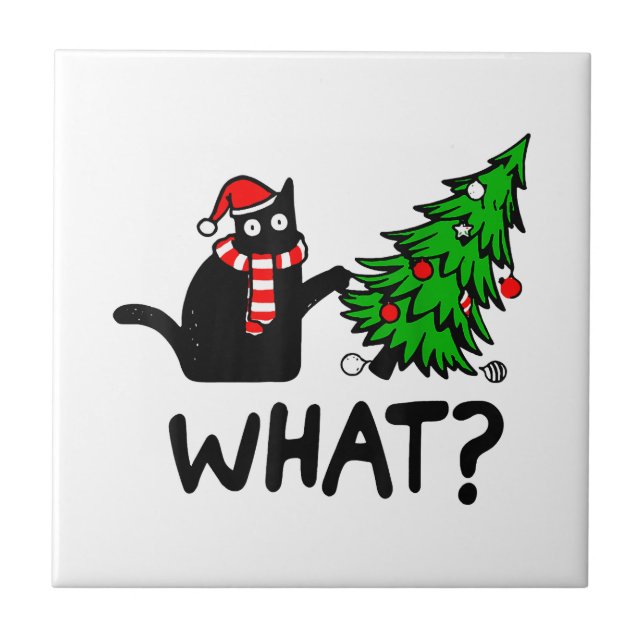 Funny Black Cat Gift Pushing Christmas Tree Over C Tile (Front)