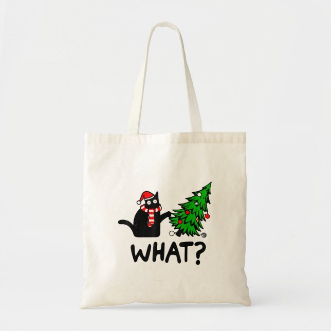 Funny Black Cat Gift Pushing Christmas Tree Over C Tote Bag (Front)