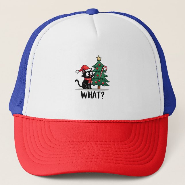 Funny Black Cat Gift Pushing Christmas Tree Over C Trucker Hat (Front)