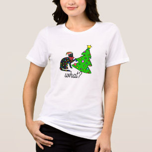 Funny Black Cat Gift Pushing Christmas Tree Over Tri-Blend Shirt