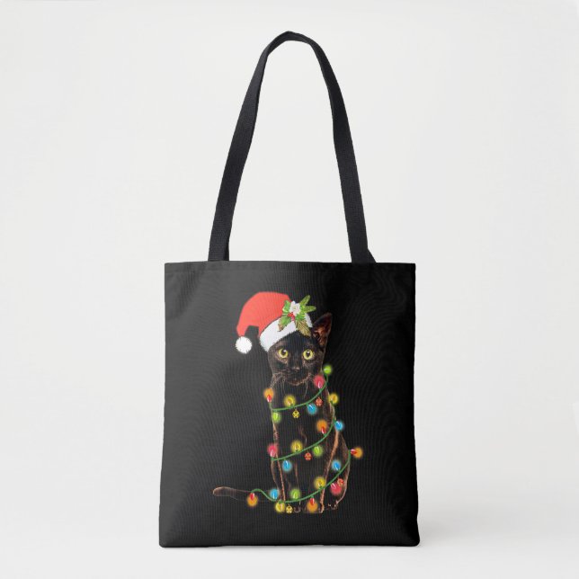 Funny Black Cat Gift Pushing Christmas Tree Tote Bag (Front)