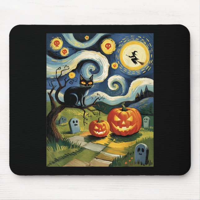 Funny Black Cat Halloween Starry Night Painting Mouse Pad (Front)