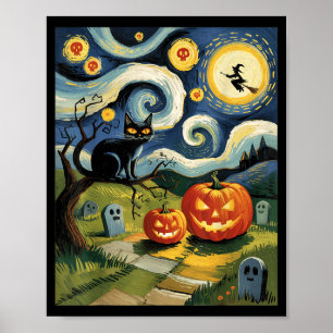 Funny Black Cat Halloween Starry Night Painting Poster