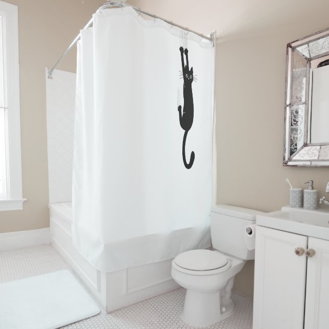 Funny Black Cat Hanging On | Crazy Kitty Shower Curtain (In Situ)