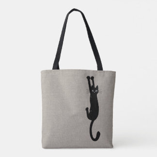 Funny Black Cat Hanging On | Humourous Kitty Tote Bag