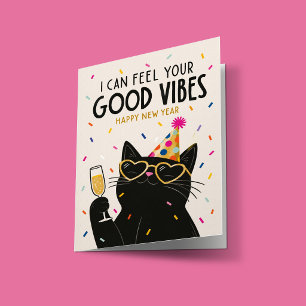 Funny Black Cat Happy New Year Card – Good Vibes