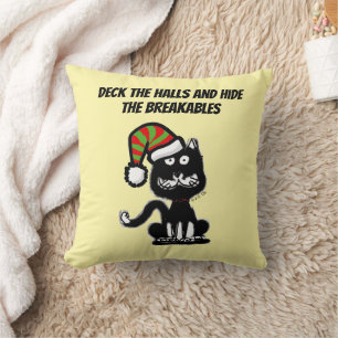 Funny Black Cat Holiday Humour Festive Cat Cushion