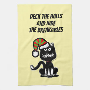 Funny Black Cat Holiday Humour Festive Cat Tea Towel