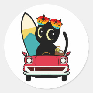 Funny Black cat is driving to the beach Classic Round Sticker