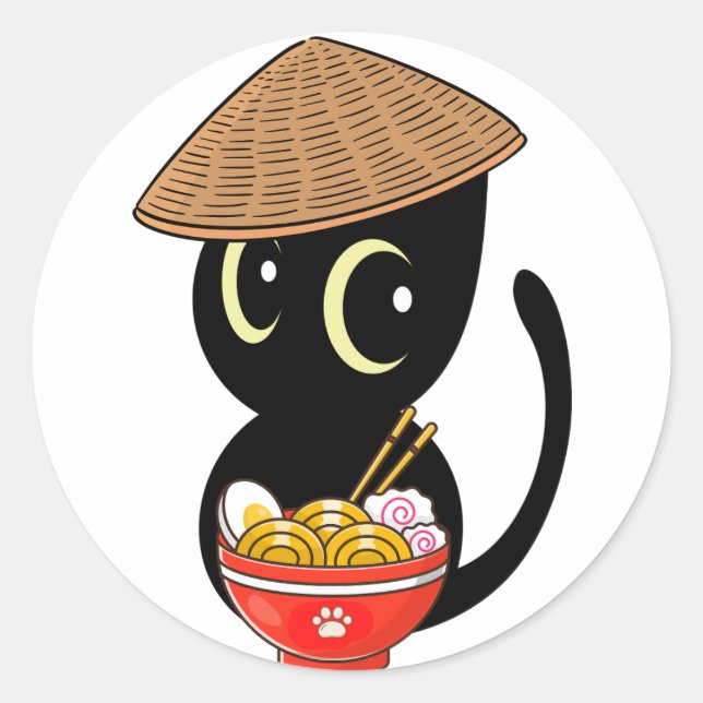 Funny black cat is eating noodles classic round sticker (Front)