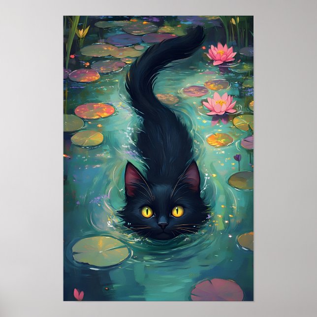 Funny Black cat is swimming  Poster (Front)