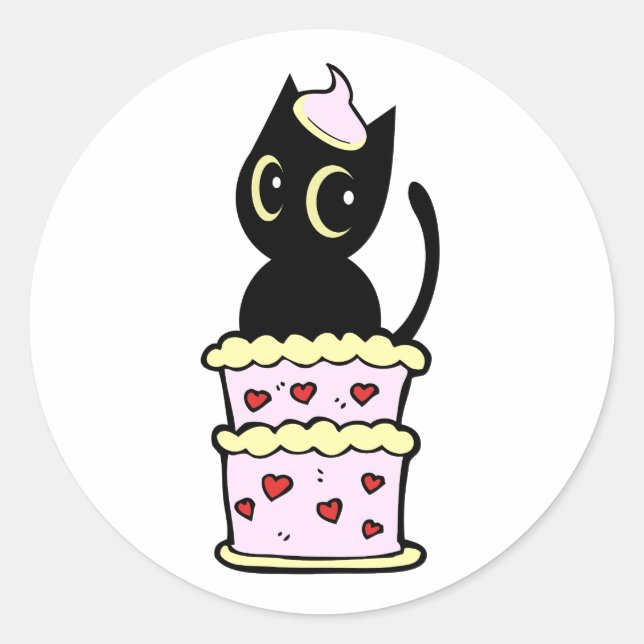 Funny black cat jumping out of a cake classic round sticker (Front)
