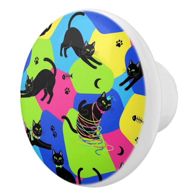 Funny Black Cat Knob, modern, colourful Ceramic Knob (Right)