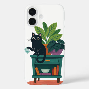 Funny Black Cat Knocking Over Glass  iPhone 16 Case