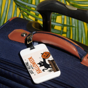 Funny Black Cat Knocking Over Pumpkin Halloween Luggage Tag