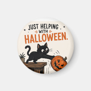 Funny Black Cat Knocking Over Pumpkin Halloween Magnet